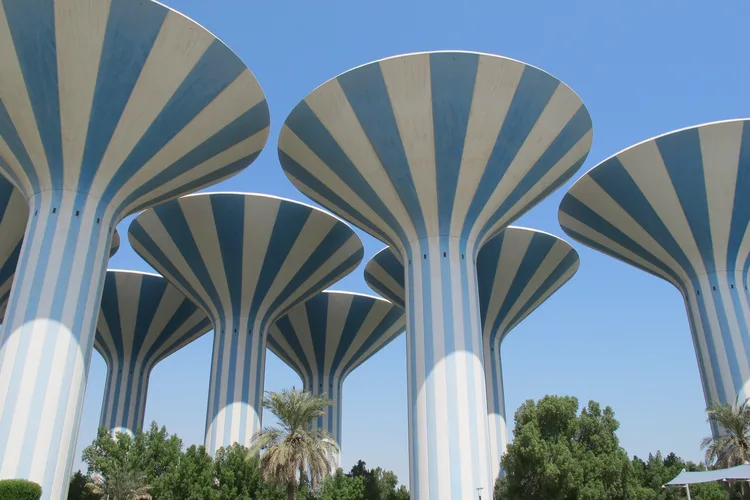 Distinctive blue and white water towers in Kuwait City.