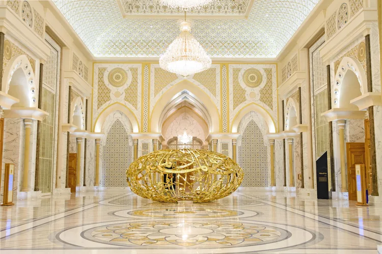 Ornate hall with chandelier inside Qasr Al Watan, Abu Dhabi.