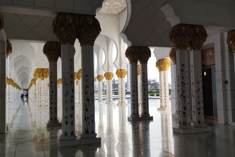 Ornate columns inside Sheikh Zayed Mosque in Abu Dhabi, UAE