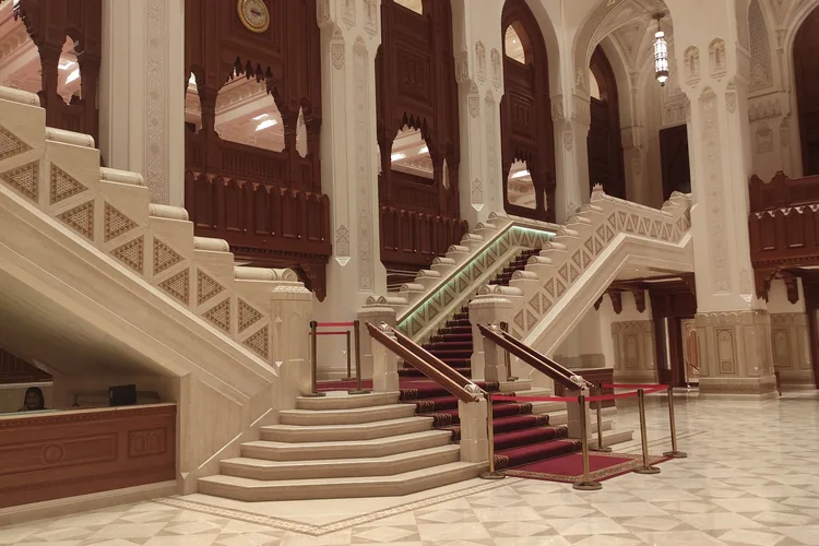 Interior staircase of Sultan Qaboos Grand Mosque in Muscat.