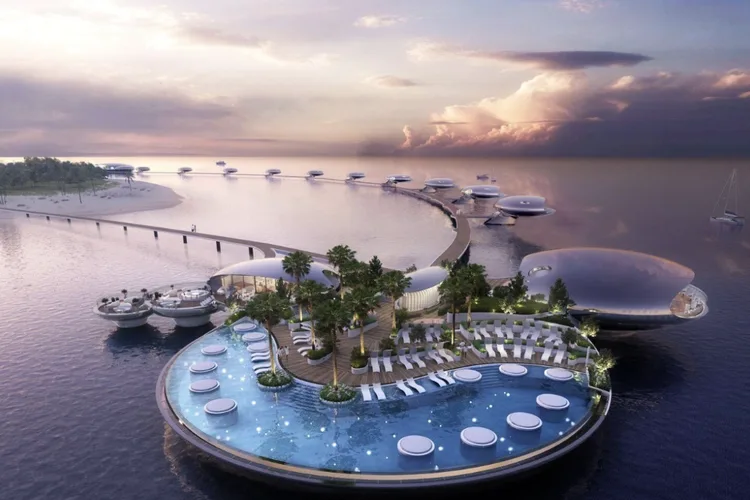Aerial view of a luxurious resort at the Red Sea Project on the Arabian coast.