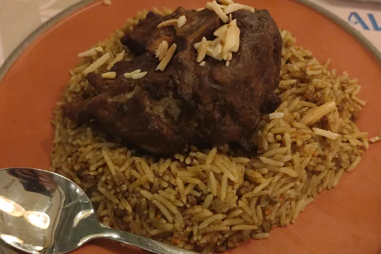 Traditional lamb and rice dish from Awani restaurant in Riyadh.