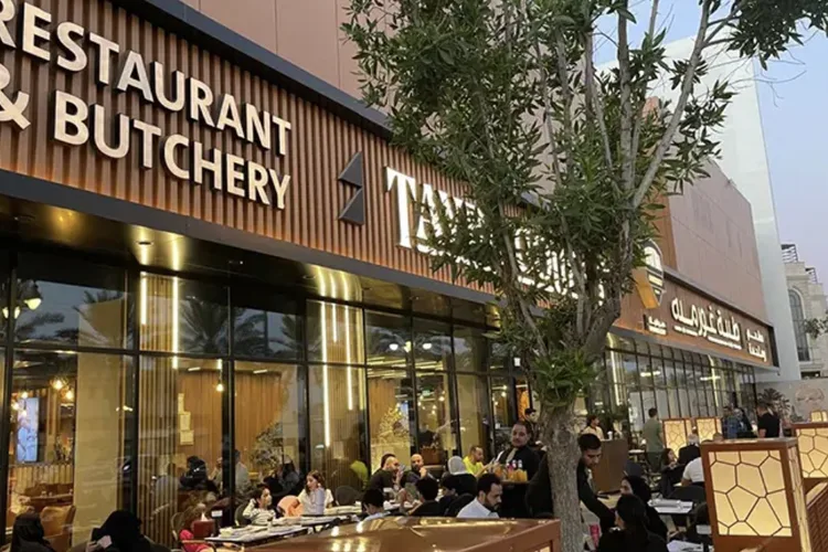 Exterior of Tayba restaurant showing outdoor dining area in Riyadh.