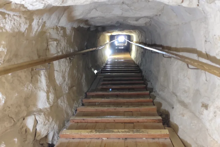 View of the interior tunnel inside a pyramid in Dahshur, Egypt.
