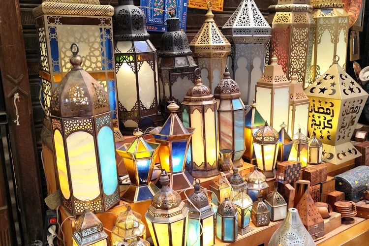 Colorful traditional lanterns on display in Khan el Khalili, Cairo market.