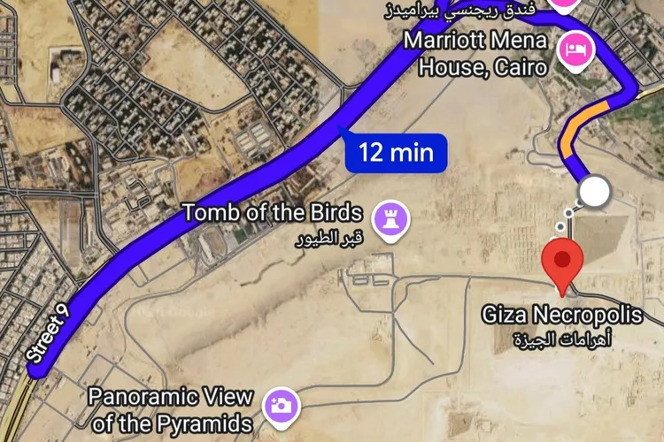 Map showing a route from Giza Necropolis to the Grand Egyptian Museum.