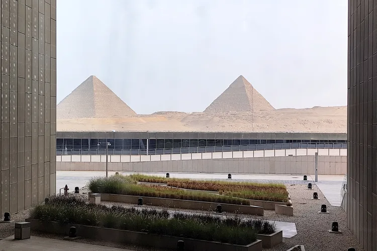 View of the pyramids from the Grand Egyptian Museum in Egypt.